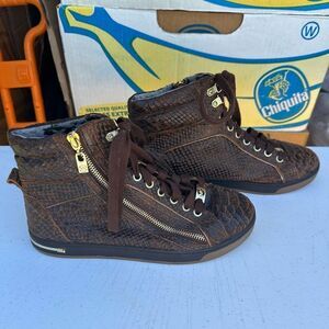 Micheal Kors Brown Snake Print High-Top Sneakers with Gold Zippers